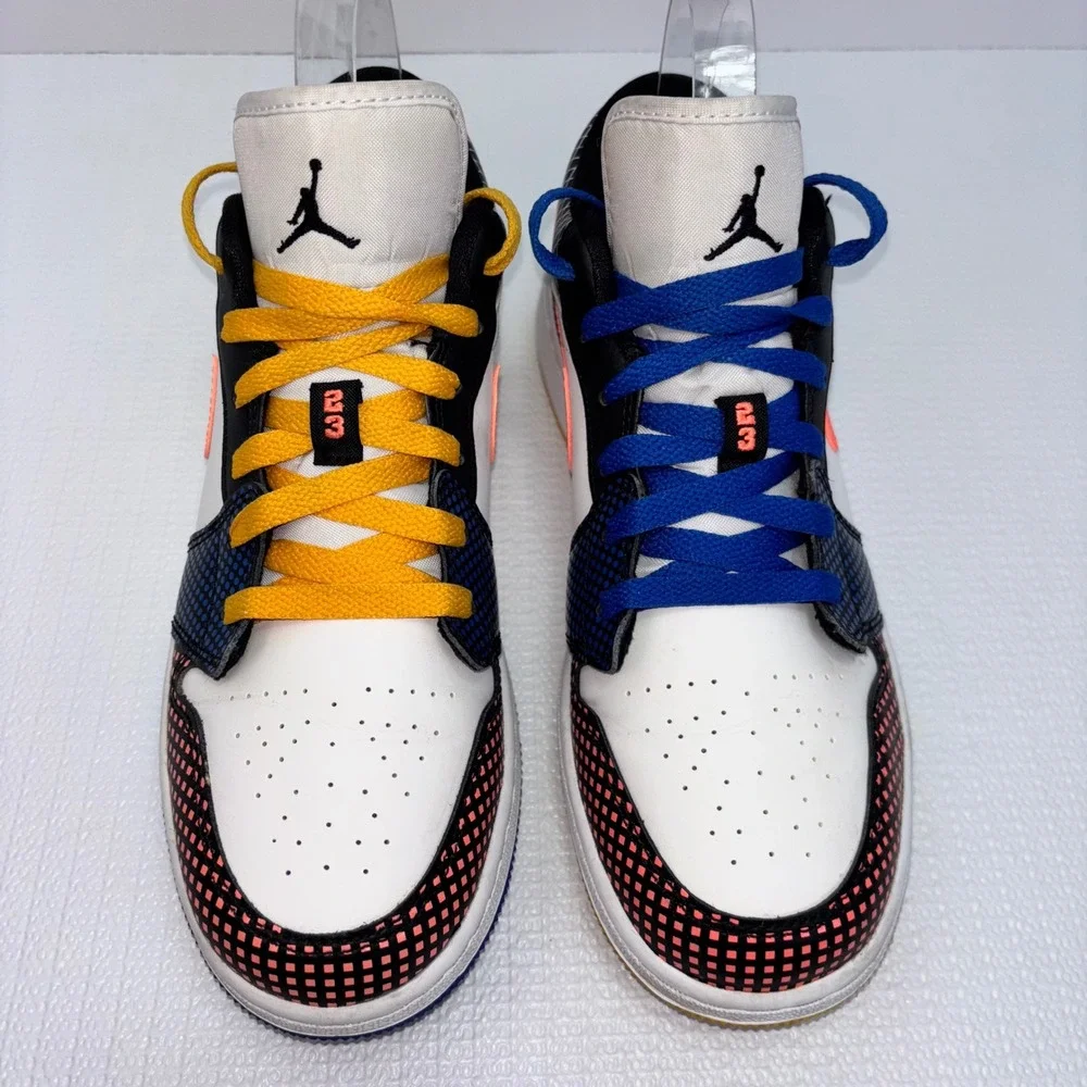 Nike Air Jordan 1 Low Multi Color Grid Sneakers White Coral Blue Yellow Size 7 Y